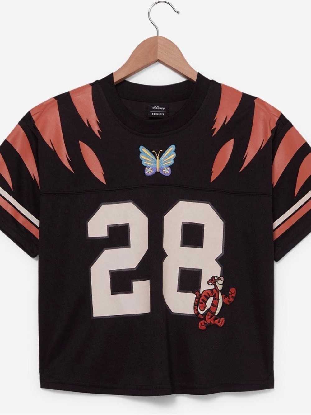 Disney Black Jersey Crop Top with Cream Number 28 and Orange Accents